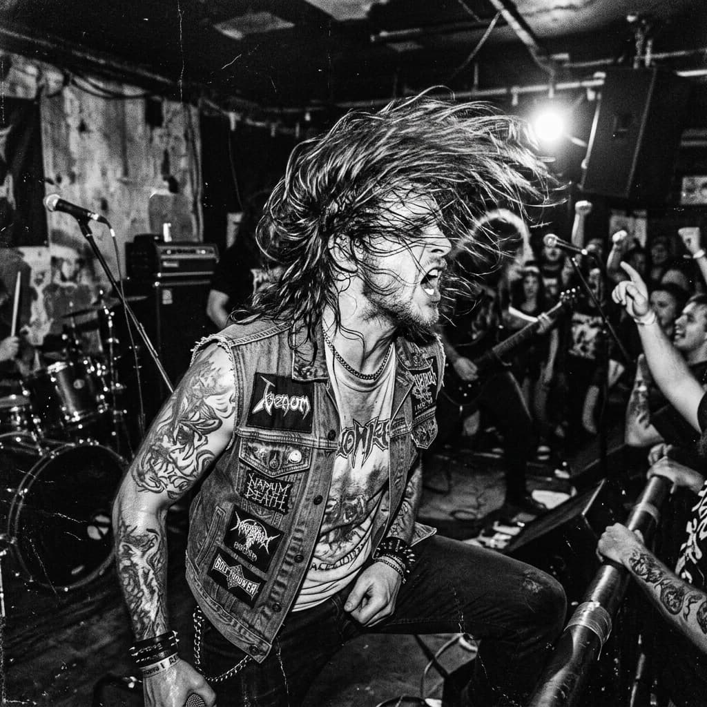 Metalhead headbanging at an underground gig
